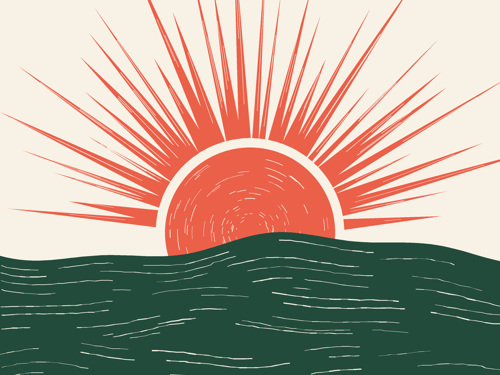 Illustration: a coral sun rising over green hills at morning