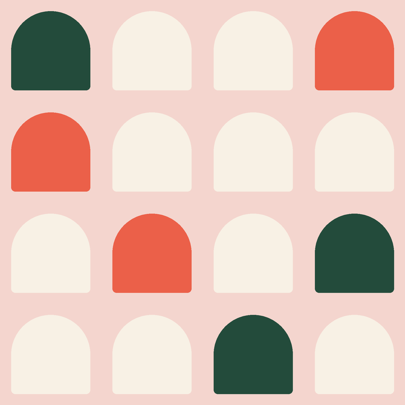 Pattern of arches in cream, coral, and forest green on blush