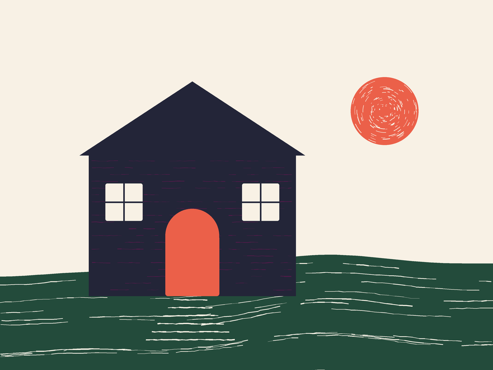 Illustration: a house with an arched door and lit windows, in the Deaf Joy style.