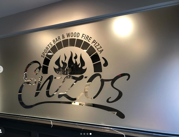 Etched glass logo for a sports bar and wood fire pizza restaurant