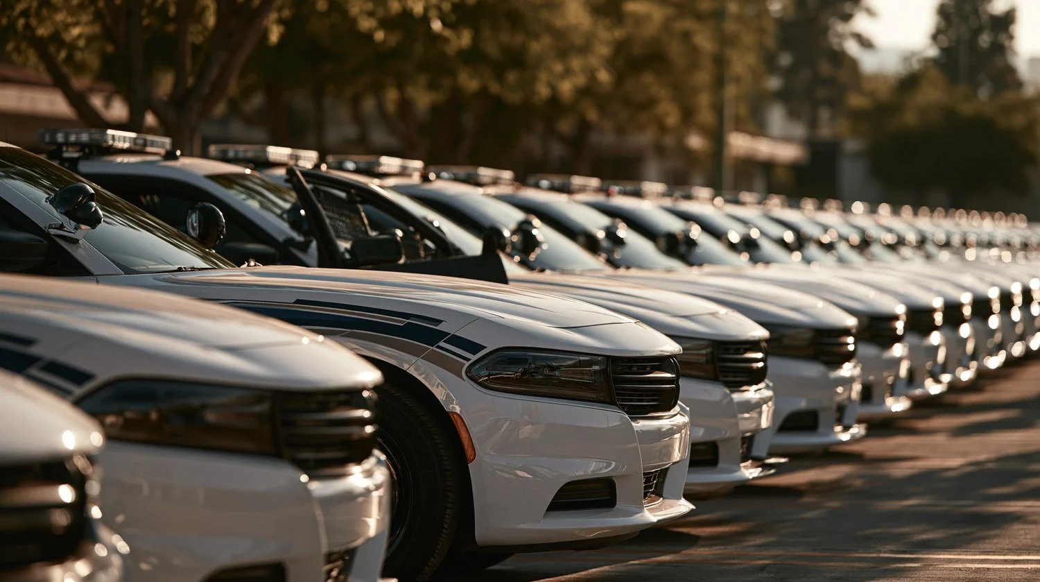 Row of matching branded fleet vehicles parked in a lot