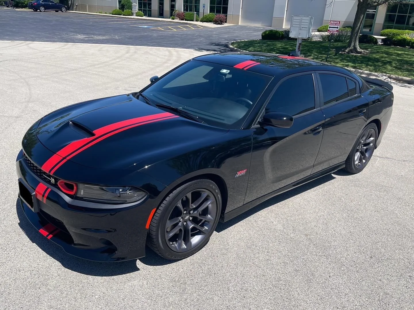 Black sports sedan with red racing stripes parked in a lot.