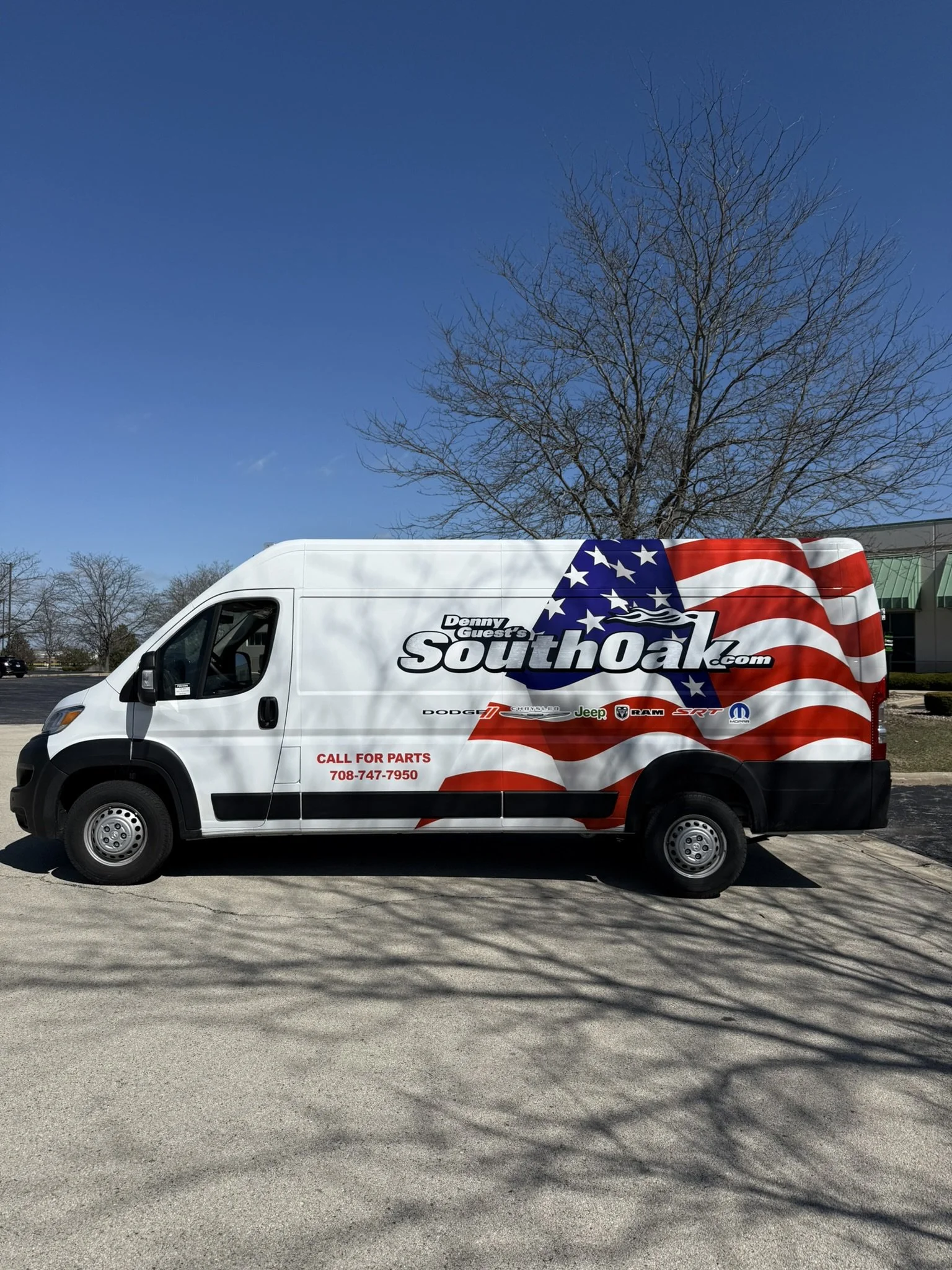 White delivery van with 'Southoak.com' logo and patriotic American flag design, parked in an outdoor lot with leafless trees and a clear blue sky.