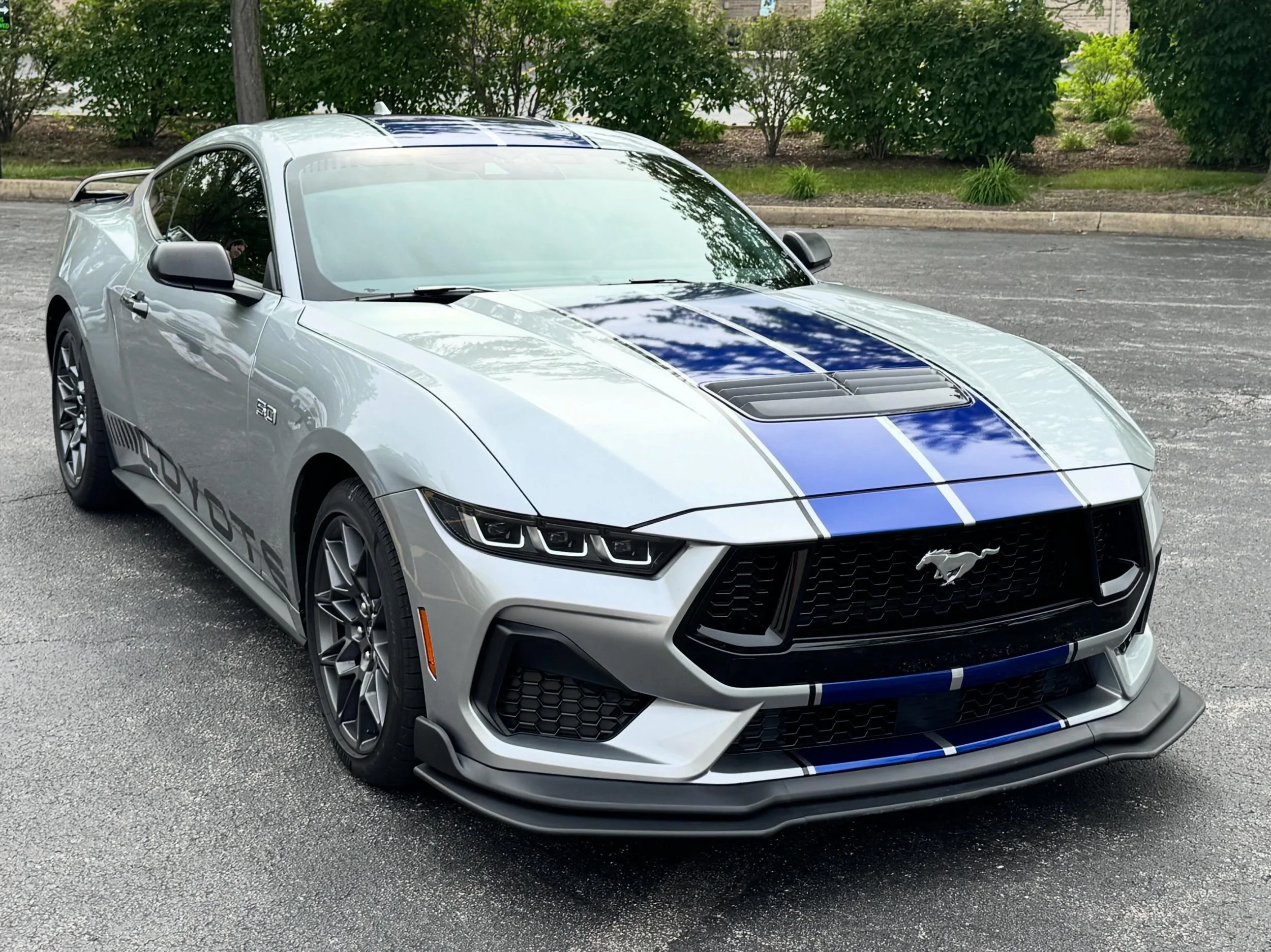 A silver sports car with blue racing stripes parked on pavement, surrounded by green bushes and trees.