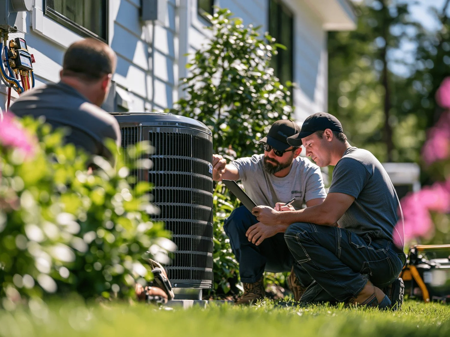 HVAC technicians servicing an outdoor air conditioning unit