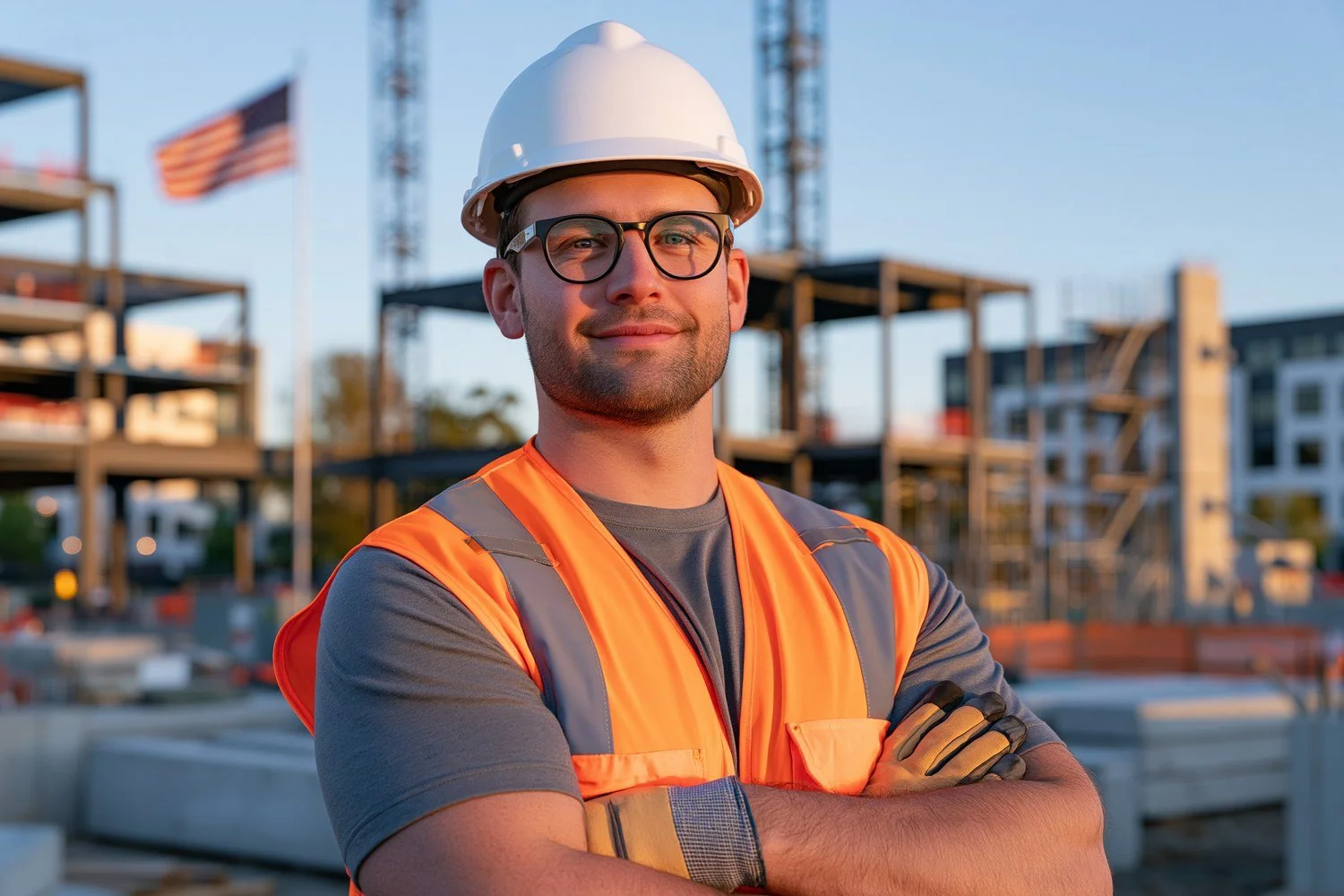 Construction worker in a safety vest and hard hat at a job site