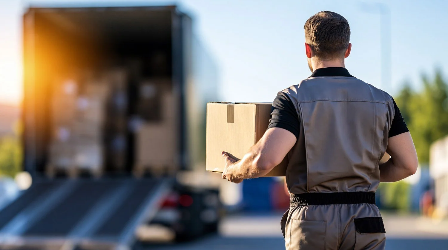 Delivery driver unloading packages from a branded box truck