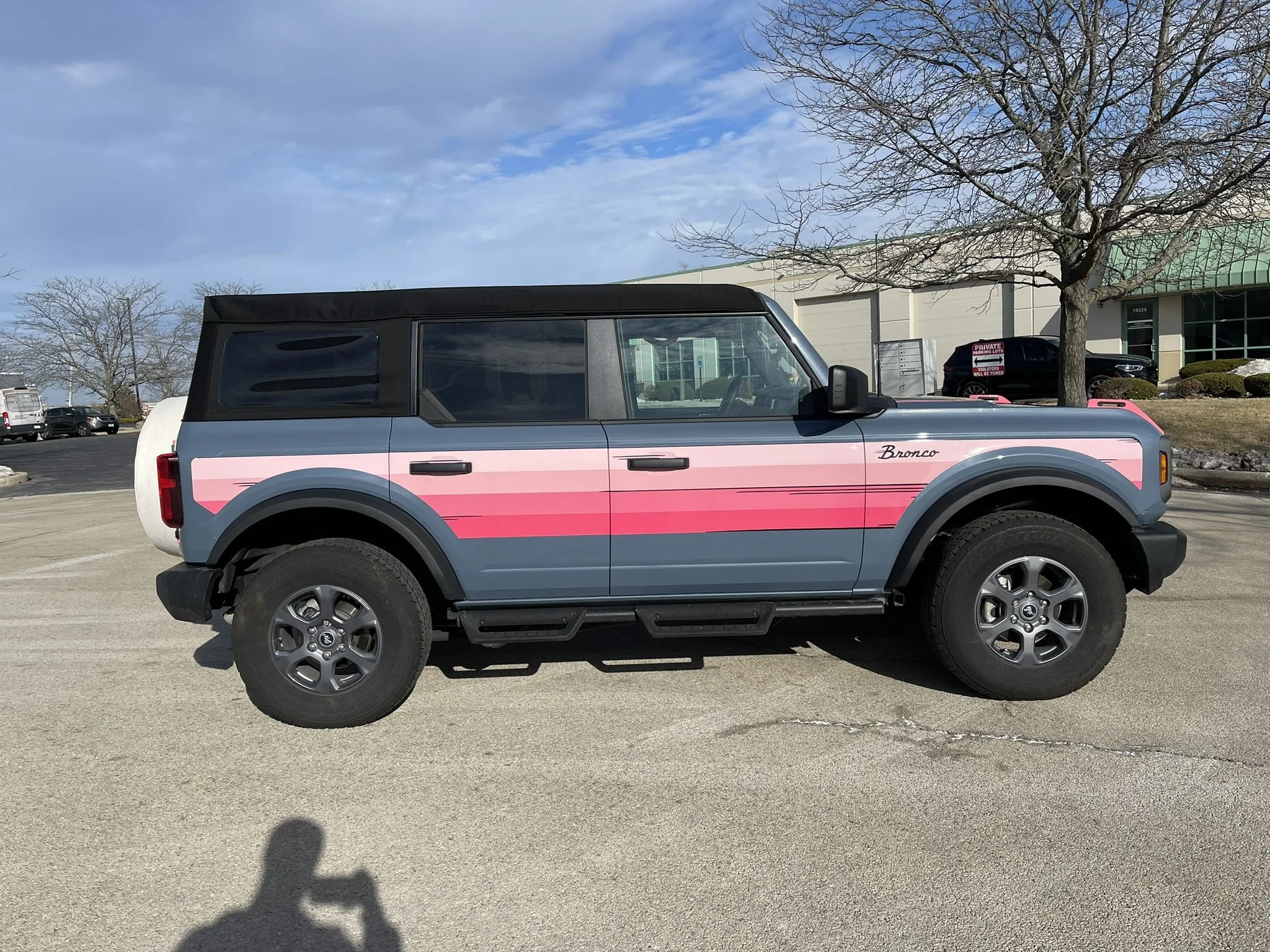 A blue and pink Ford Bronco parked in a parking lot near some leafless trees and buildings under a mostly cloudy sky.