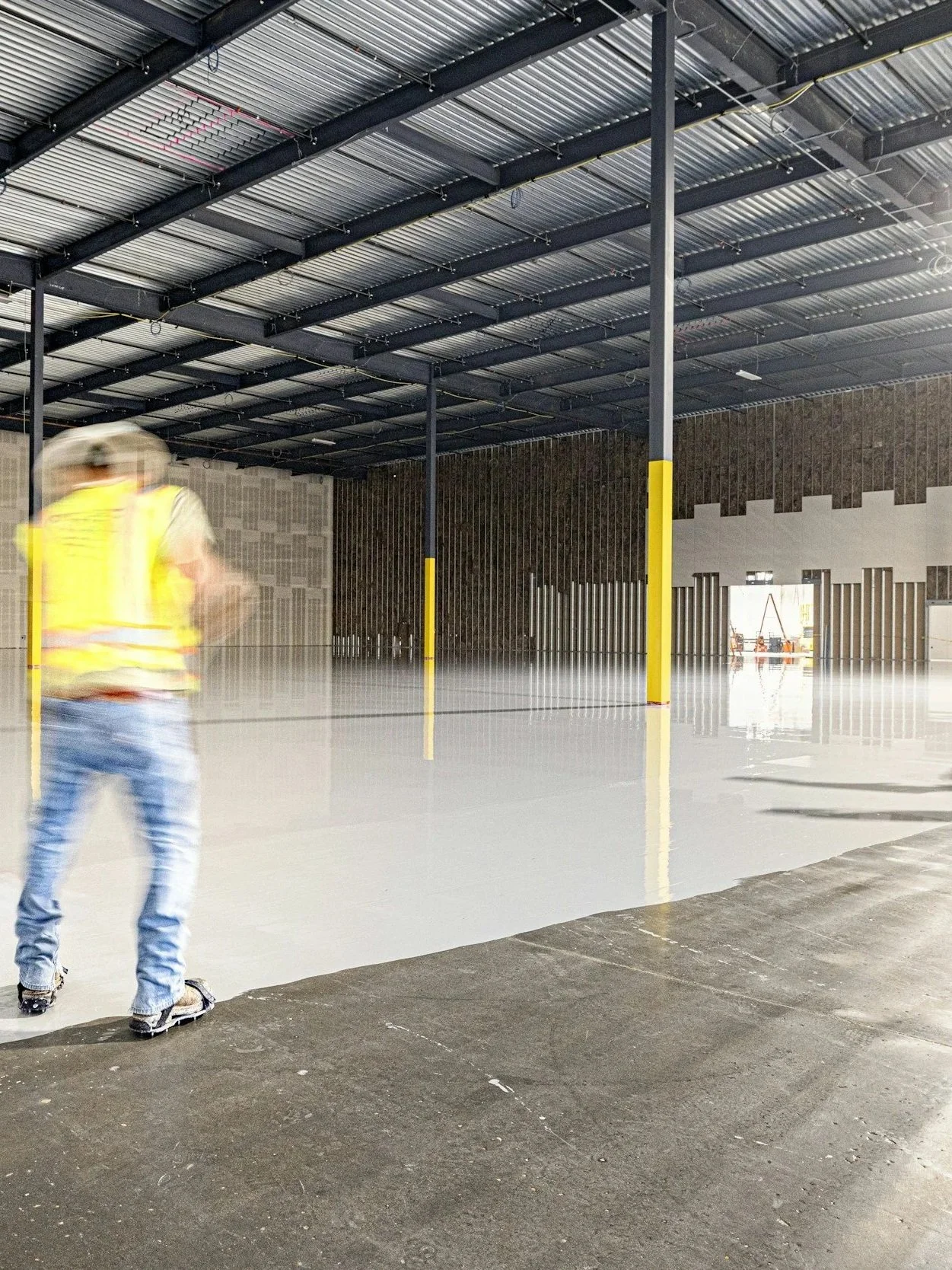 Innenraum eines großen, leeren Lager- oder Fabrikgebäudes mit hohem Metallträgerdecke, grauem Boden und partiellem Fensterausblick im Hintergrund. Eine Person in gelber Sicherheitsweste und Jeans steht vorne im Bild.