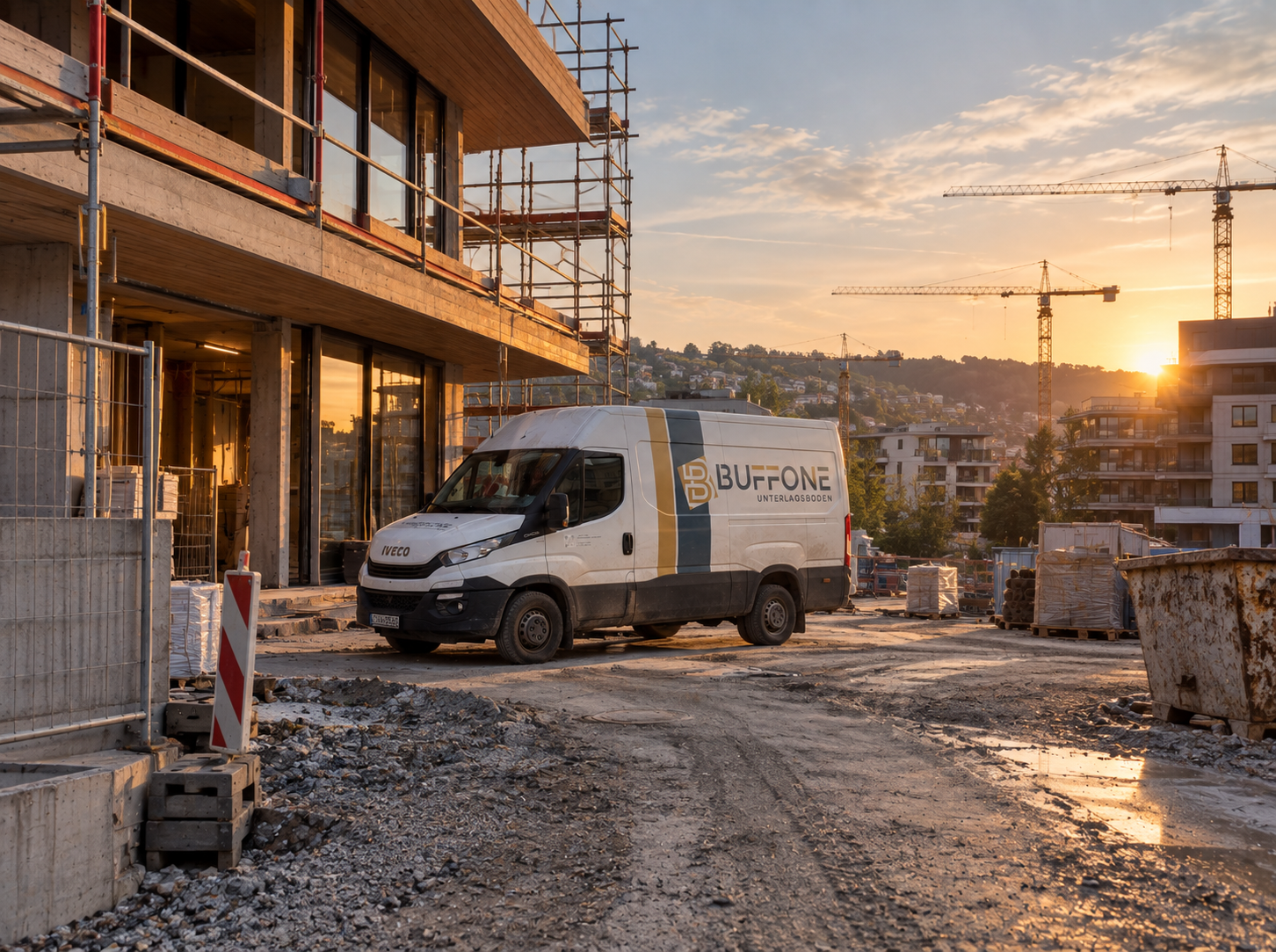 Bauarbeiten an einem mehrstöckigen Gebäude bei Sonnenuntergang. Es sind Baugerüste und eine Baucontainer vorhanden, sowie ein weißer Firmenwagen der Firma Buffone auf der Baustelle.