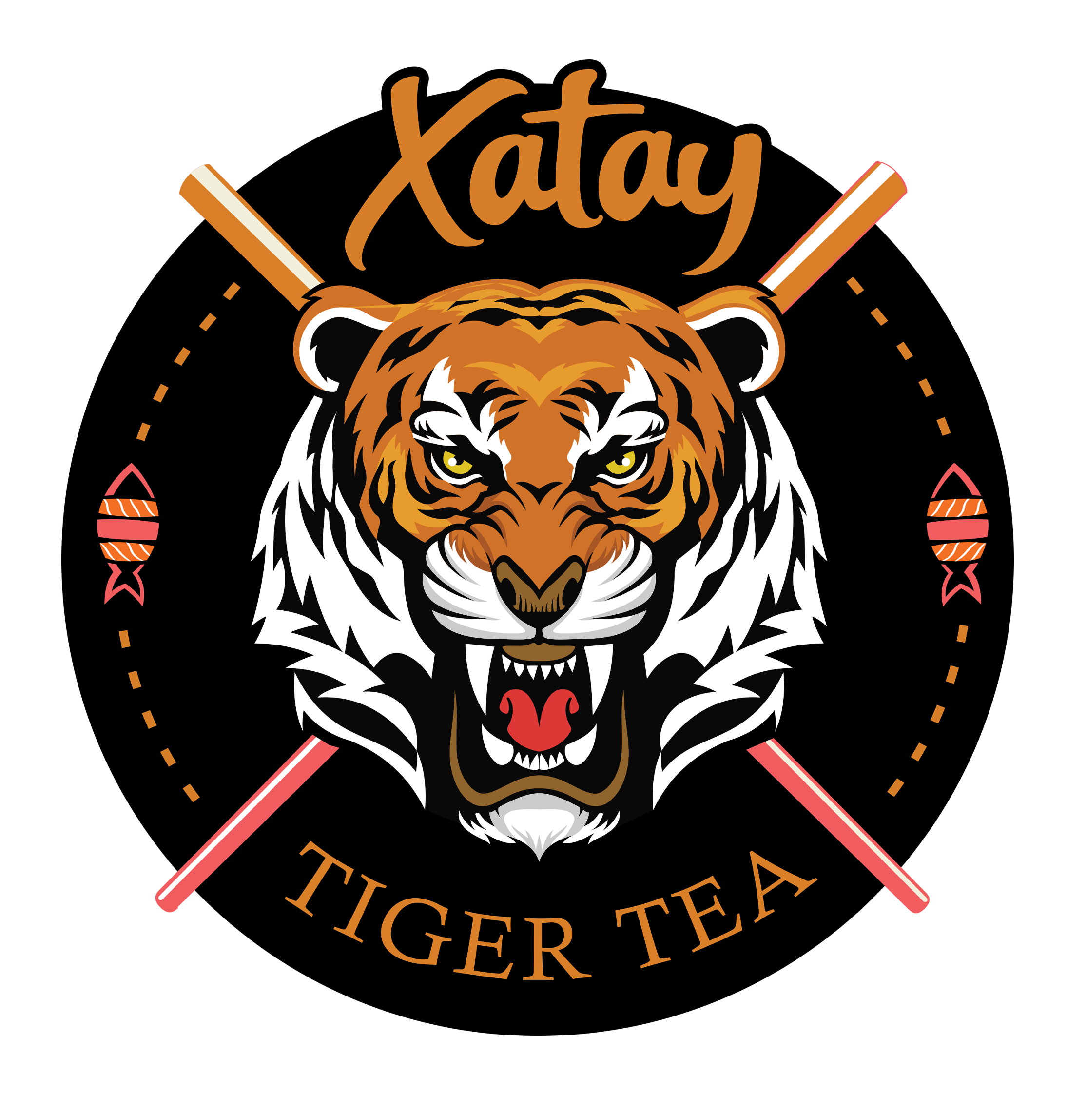 Illustration of a tiger's face with the text 'Xatay' above. Red and white hockey sticks cross behind the tiger's head, and a red banner with the text 'Tiger Tee' curves below.