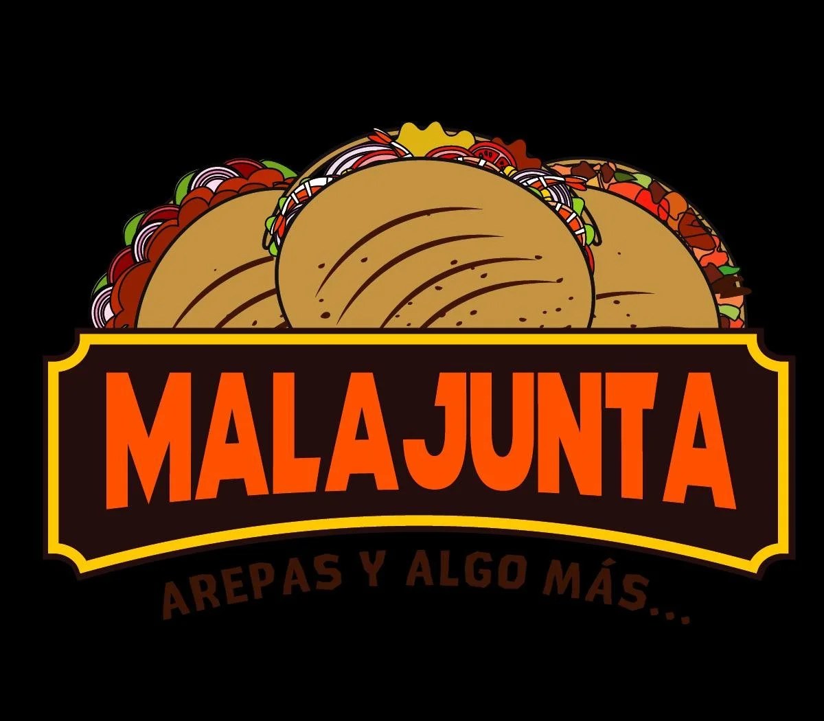 Illustration of three tacos filled with meat and vegetables, with the text "MALA JUNTA" and "AREPAS Y ALGO MÁS" on a black background.