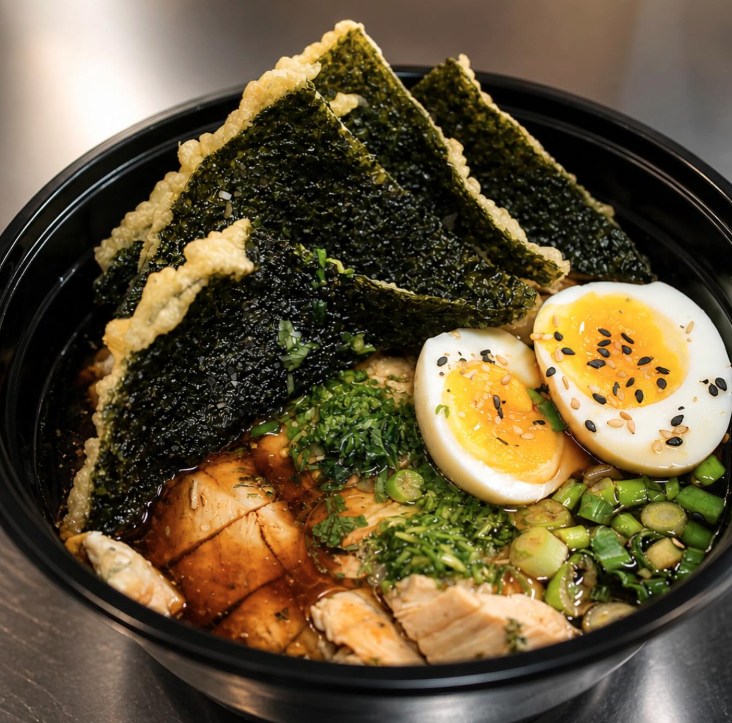 Close-up of a bowl of ramen with soft-boiled eggs, seaweed, chopped green onions, cooked chicken, and broth.