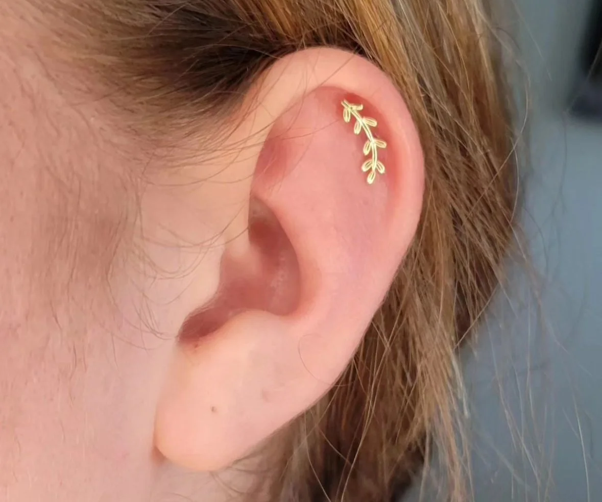 A close-up of a person's ear with a small gold leaf-shaped earring near the upper cartilage.