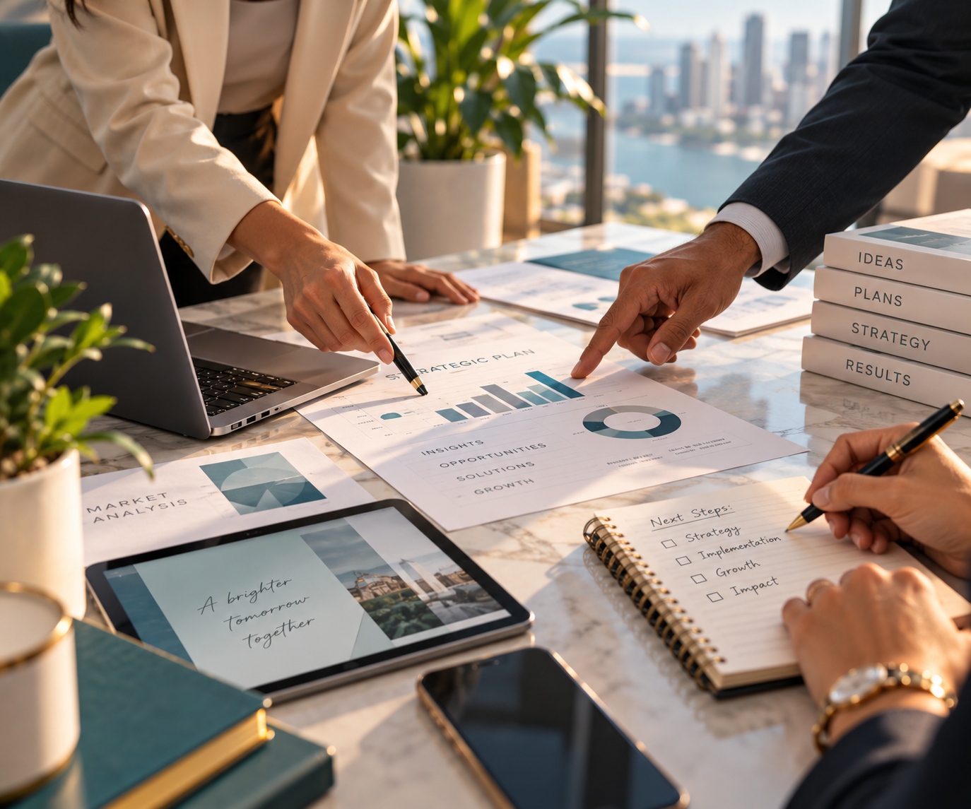 Business professionals analyzing graphs and charts on a conference table with offices and city skyline visible through large windows in the background.