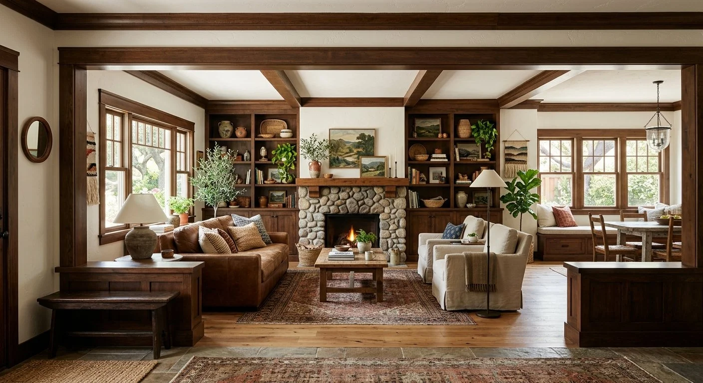 Cozy living room with a stone fireplace, wooden shelves, and large windows. Leather and fabric armchairs and a sofa with pillows, a wooden coffee table, and various plants.