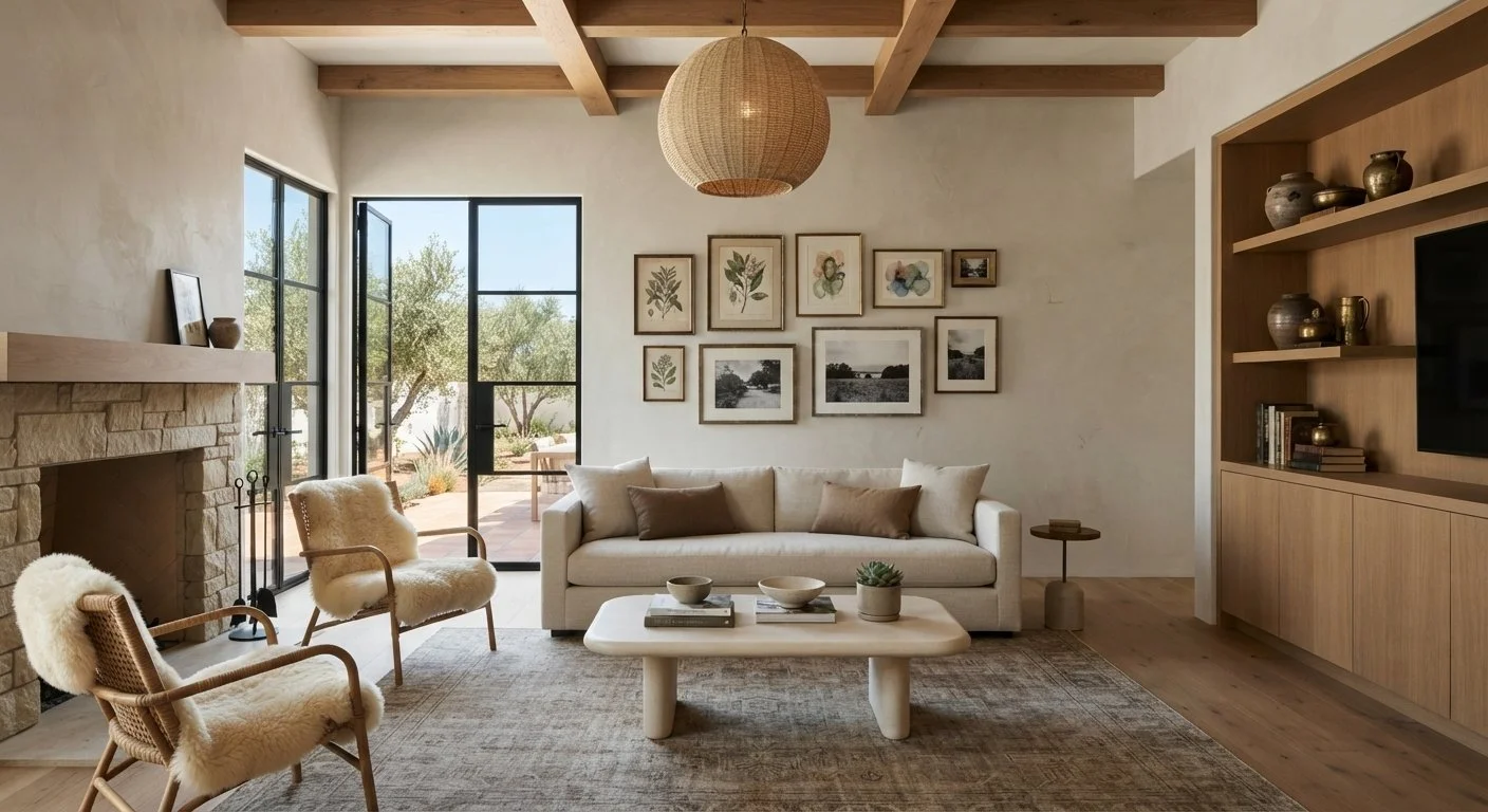 A contemporary living room with a beige sofa, two armchairs with shearling covers, a stone fireplace, a glass door leading outside with a view of trees, a wall with framed botanical and landscape art, a wooden coffee table with bowls and a plant, and