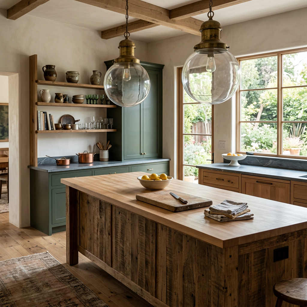 A rustic kitchen with a large wooden island, green cabinetry, open shelves with pottery and glassware, and large windows overlooking a garden.