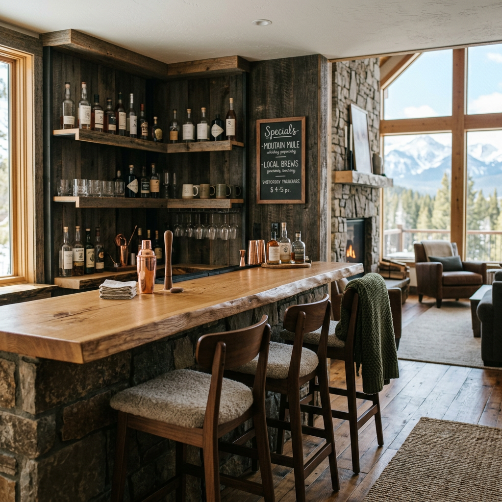 A cozy mountain lodge interior with a wooden bar, bottles of alcohol, glasses, and bar tools. Behind the bar are wood shelves with liquor bottles and glasses. There is a chalkboard sign with specials on the wall. Large windows reveal snow-capped mountains and a forest view in the background. Comfortable seating including armchairs and a fireplace are visible.