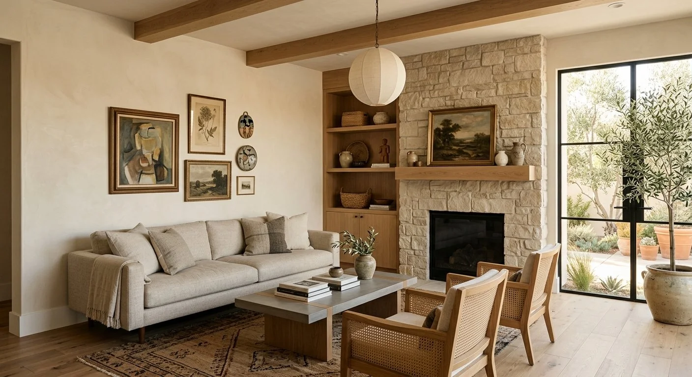 Living room with beige sofa, wooden chairs, a stone fireplace, and large sliding glass door with plants outside.