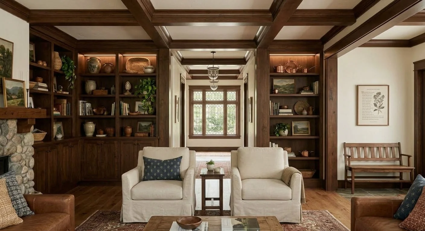Living room with wooden built-in bookshelves, two white armchairs, a small wooden table, and a stone fireplace.
