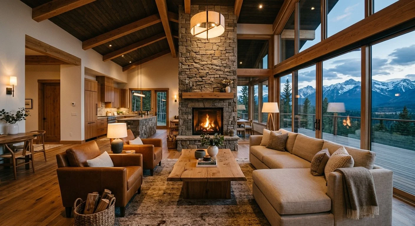 Living room with large floor-to-ceiling windows showing a mountain landscape, a fireplace, and cozy seating including a beige sofa and brown leather armchairs.