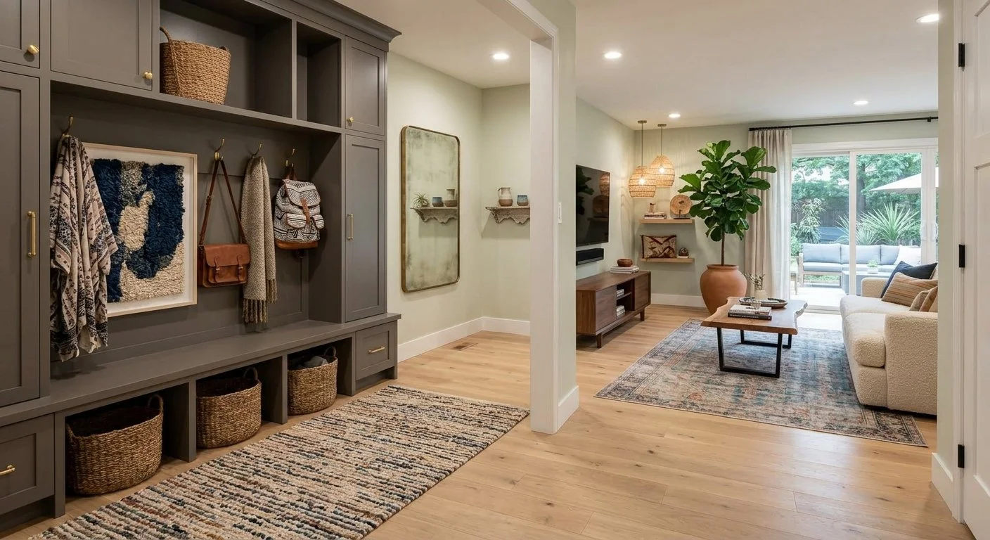 Living room with a beige sectional sofa, wooden coffee table, large potted plant, and sliding glass door to outdoor patio. Small entertainment center with TV and wall shelves, rugs, and a corner with hanging hooks and baskets.