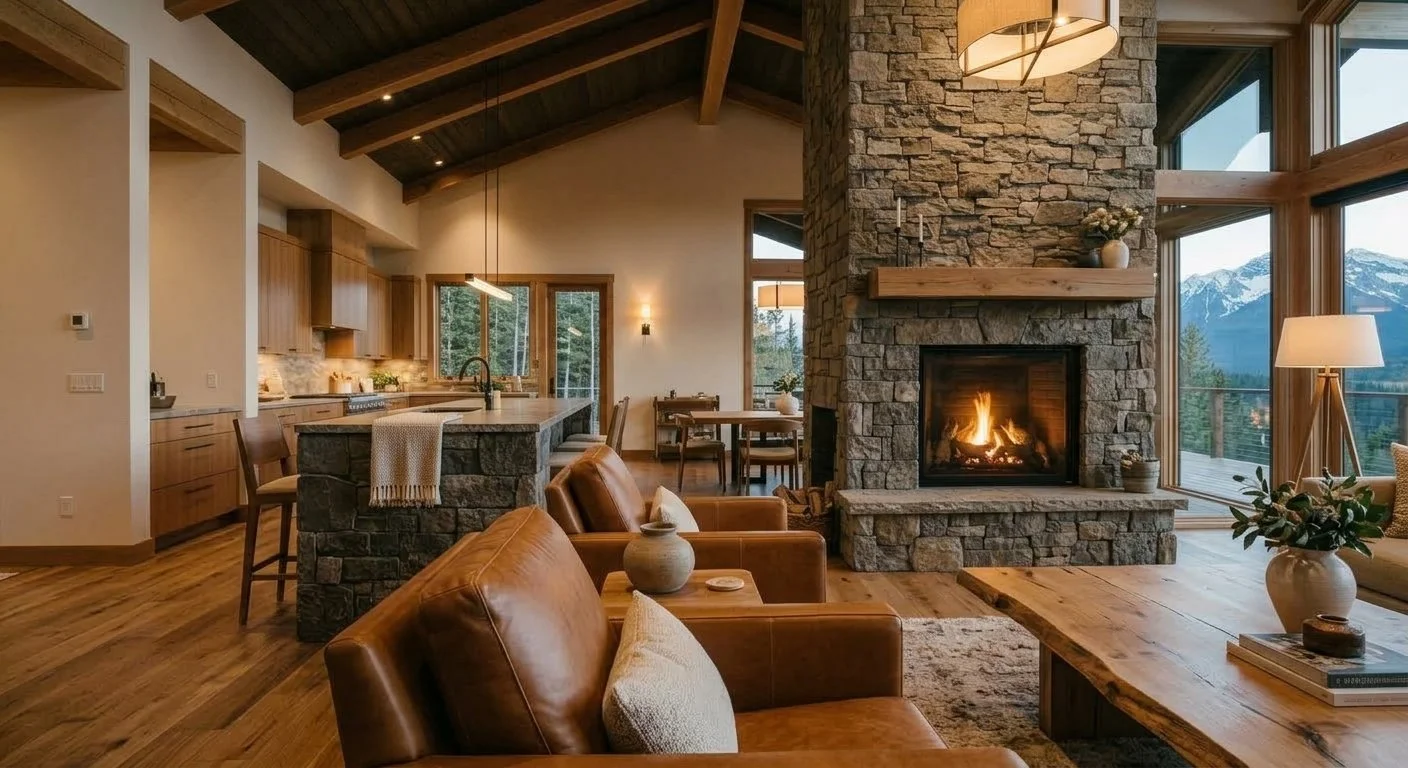 Living room with a stone fireplace, large windows showing mountain scenery, leather armchairs, wooden coffee table, and a cozy, rustic interior design.