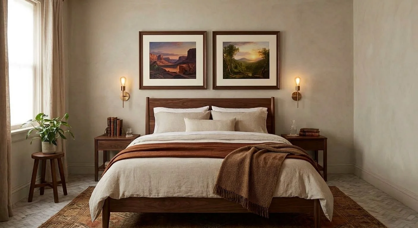 Cozy bedroom with a wooden bed, white bedding, brown throw blanket, and plush pillows. Two nightstands with books, a plant, and a glass of water. Framed landscape pictures hanging above the bed. Warm lighting from wall sconces and natural light from 