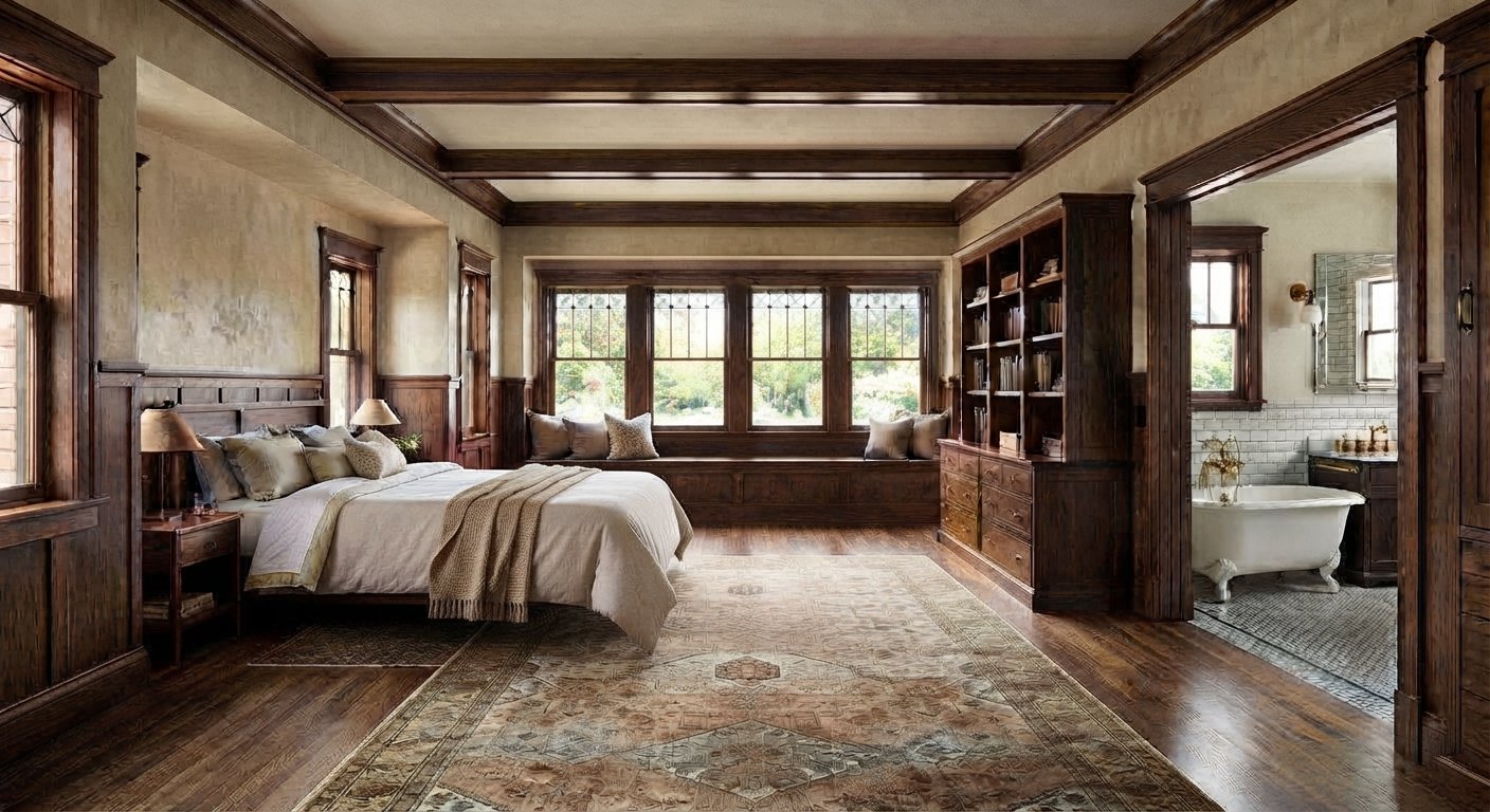 A cozy and spacious bedroom with wood-paneled walls, multiple windows with views of greenery, a large bed with beige and white linens, nightstands with lamps, a built-in window seat with cushions, an open bookshelf, and an adjacent bathroom with a cl