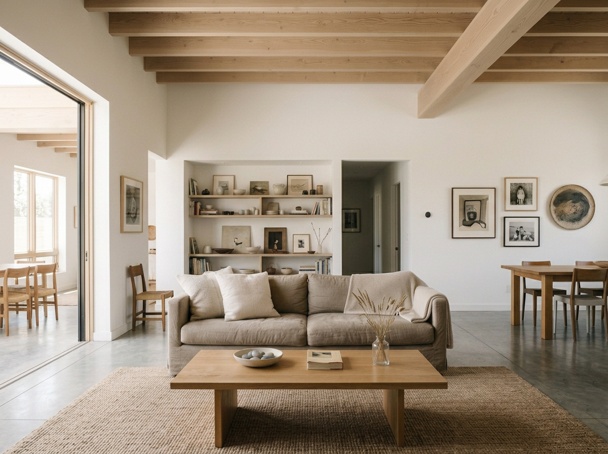 A modern living room with a beige sofa, a wooden coffee table with a bowl of stones, and a bookshelf filled with books and decorative items. There are framed pictures on the wall, wooden beams on the ceiling, and a dining area with a wooden table and chairs visible in the background.