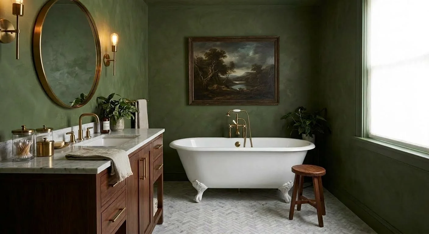 A bathroom with green walls and a window on the right. There is a white clawfoot bathtub, a wooden stool, a vanity with a marble top, a round mirror, and a landscape painting on the wall.