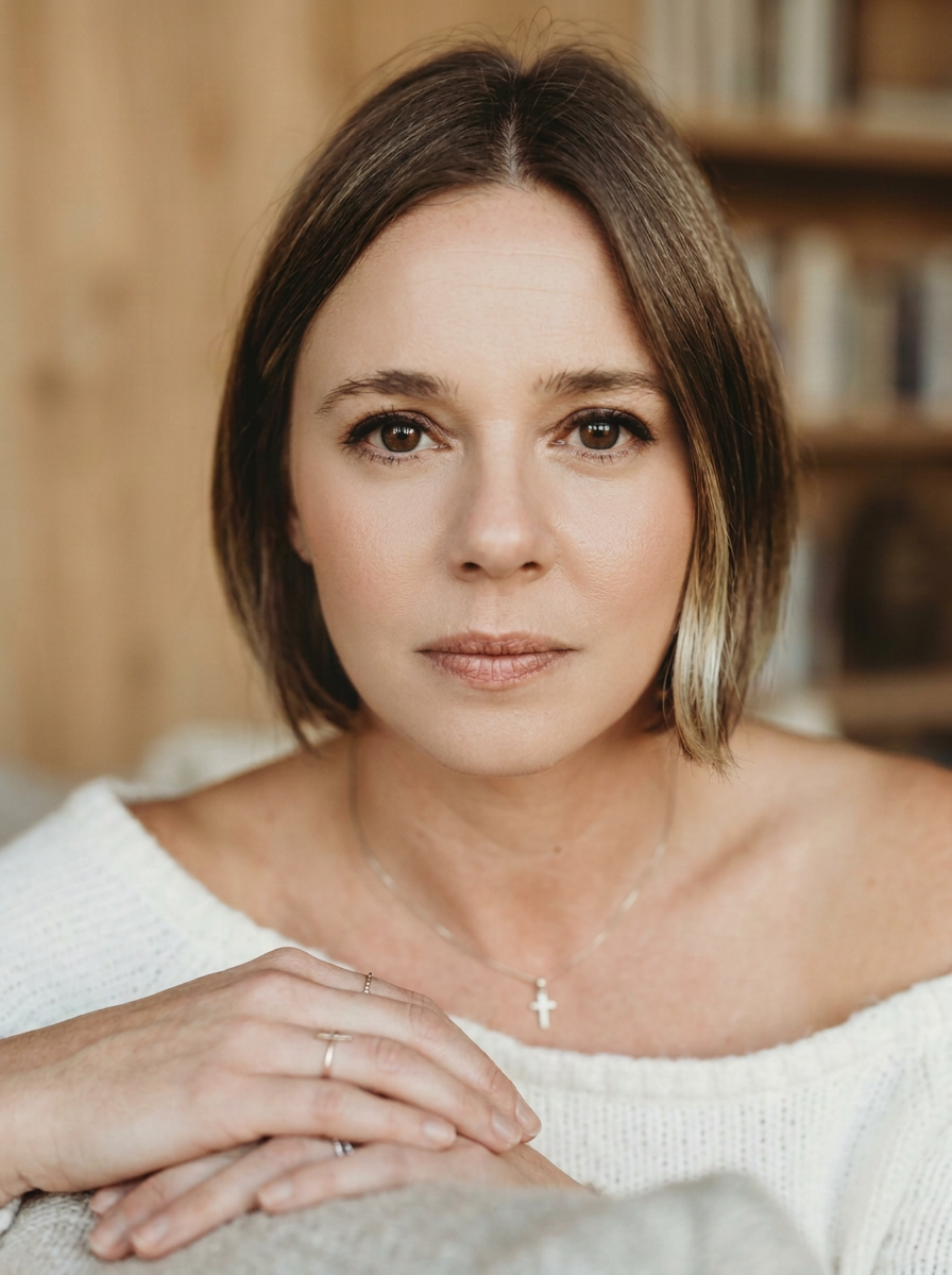 Close-up portrait of a woman with short brown hair, brown eyes, wearing a white sweater, a cross necklace, and rings, sitting indoors with a blurred bookshelf in the background.