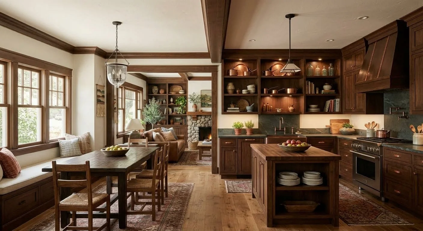 A cozy kitchen opening into a living room, featuring wooden cabinets, a kitchen island with plates, a dining table with chairs, large windows, and a sitting area with a sofa and a fireplace.