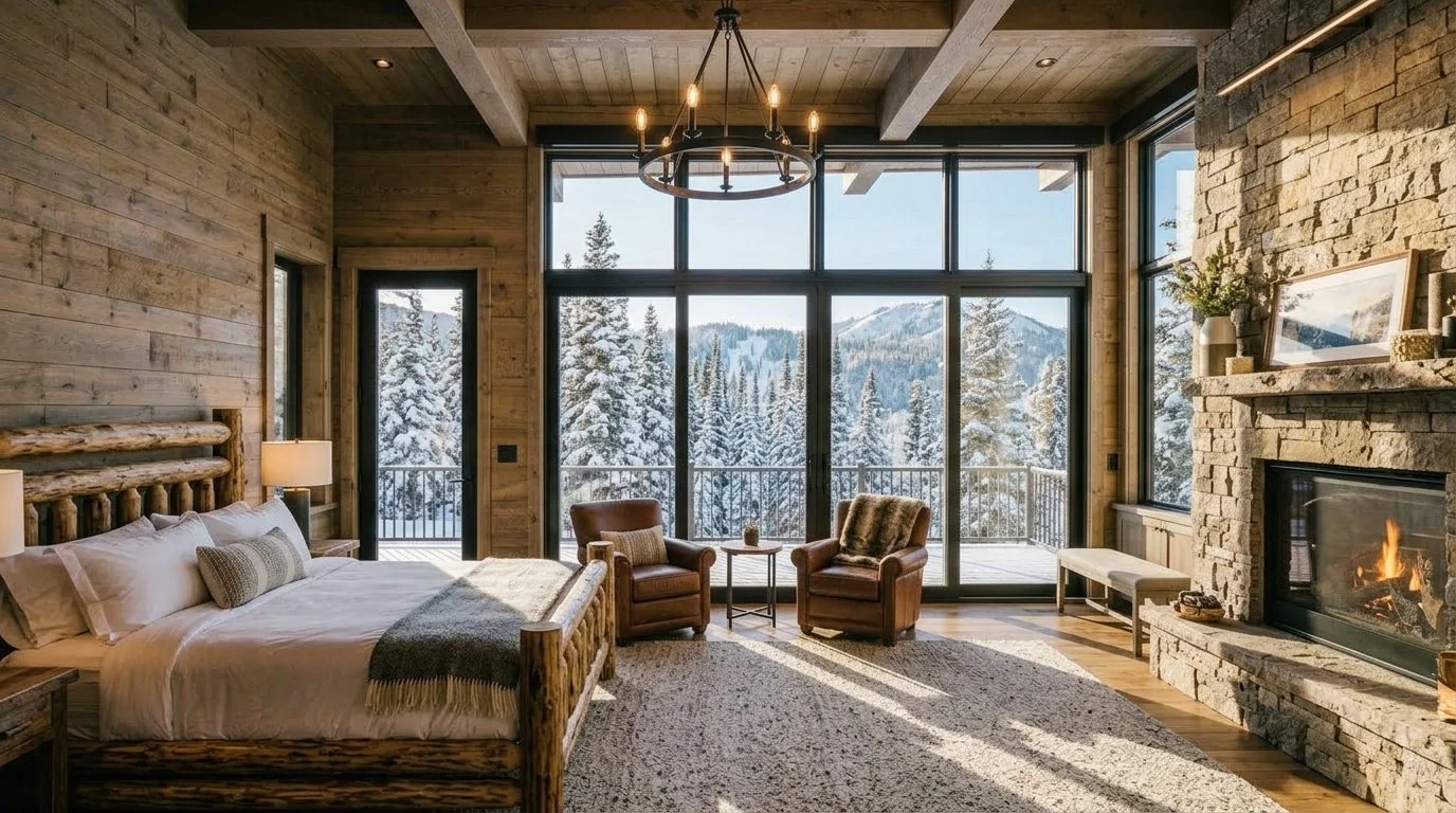 A cozy mountain cabin bedroom with large windows showing a snowy forest and mountains outside. It features a wooden bed with white bedding, two leather chairs, a stone fireplace with a fire, and rustic decor including a chandelier and framed artwork.