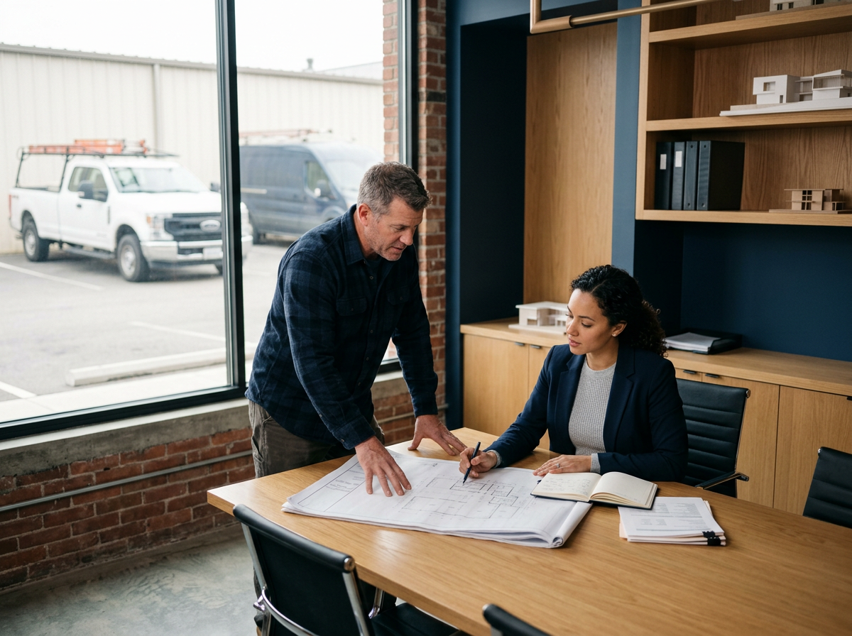 Contractor business owner reviewing plans with a financial advisor