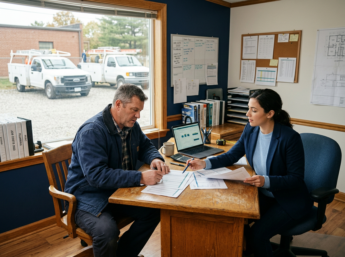 HVAC contractor reviewing job costing and cash flow with a financial advisor