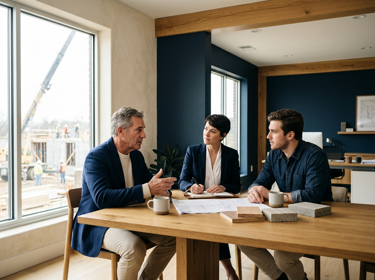 Construction company owner planning succession with a next-generation leader and advisor