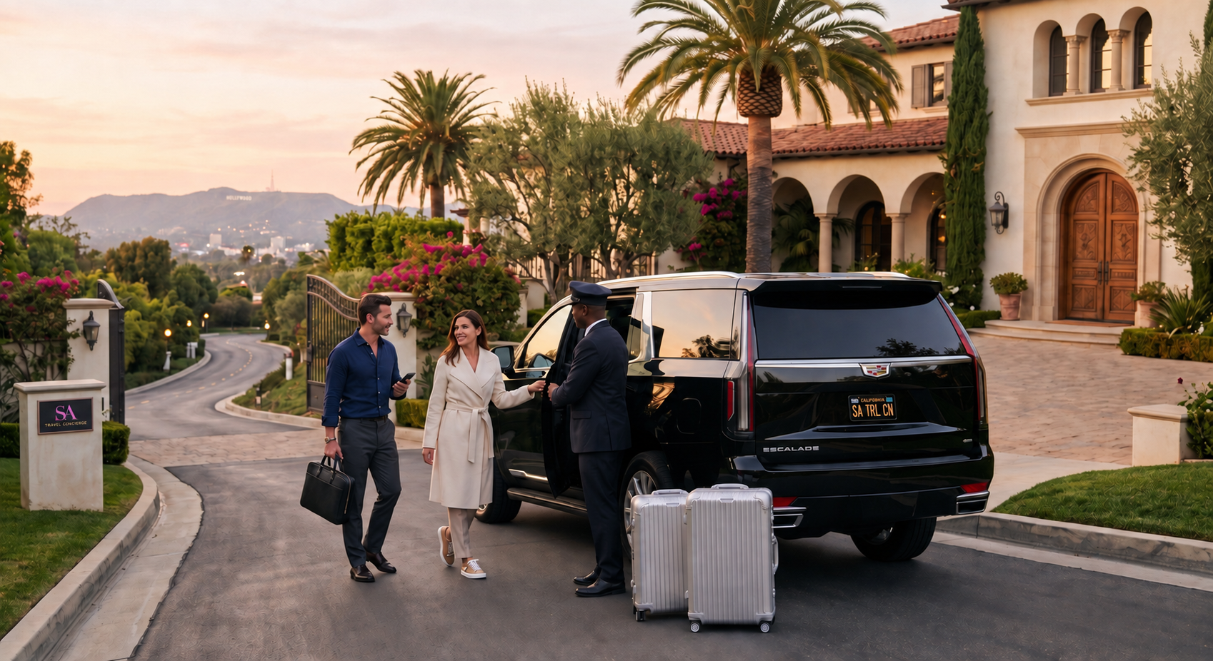 A chauffeur welcomes two travelers with silver luggage beside a black SUV outside a palm-lined villa at sunset.