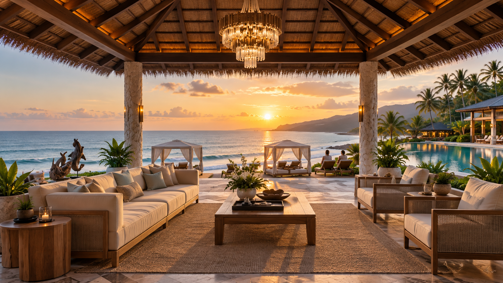 An open-air luxury beachfront lounge overlooking ocean cabanas, a swimming pool, and palm trees at sunset.