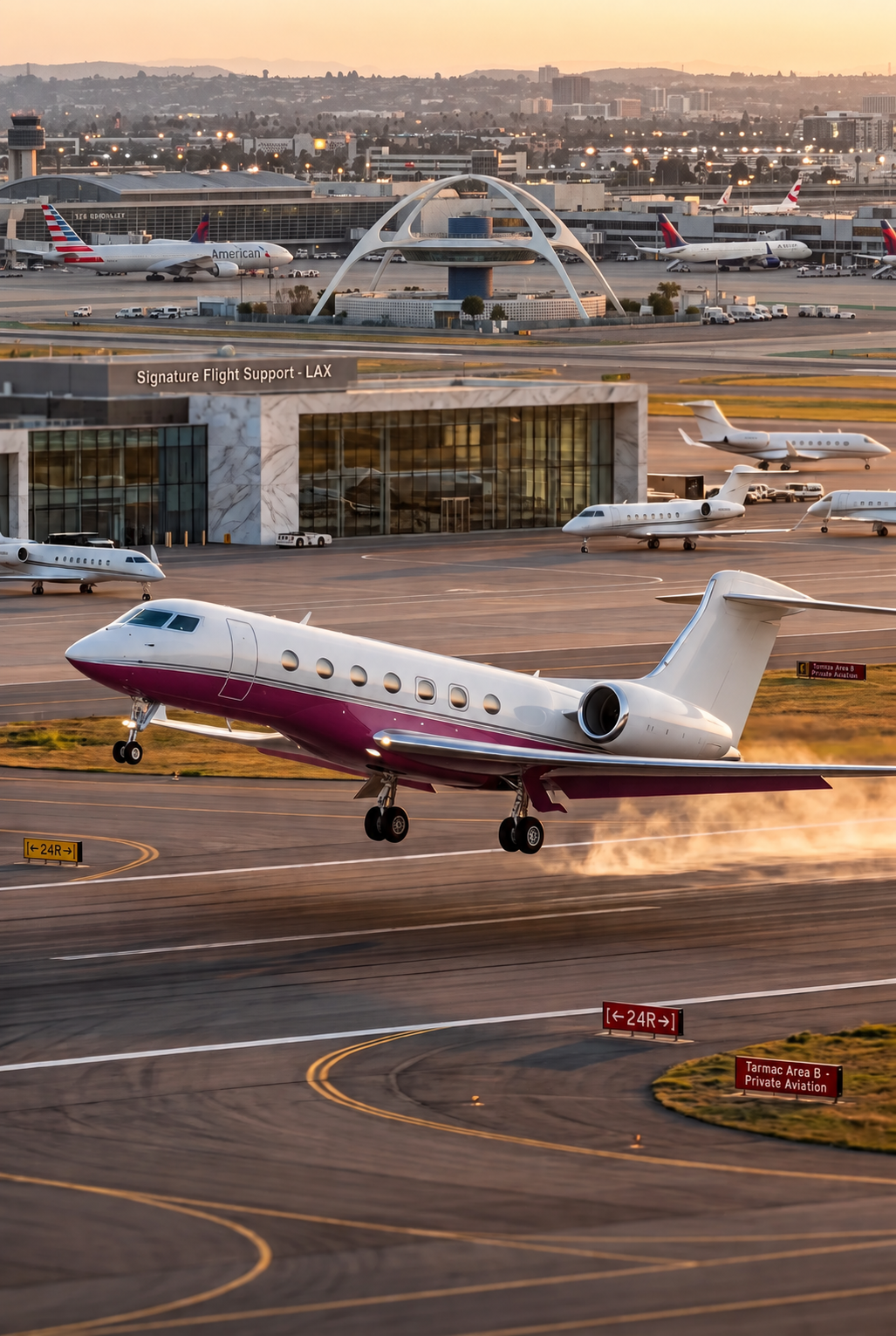 A white and magenta private jet taking off at sunset, with airport terminals and aircraft in the background.