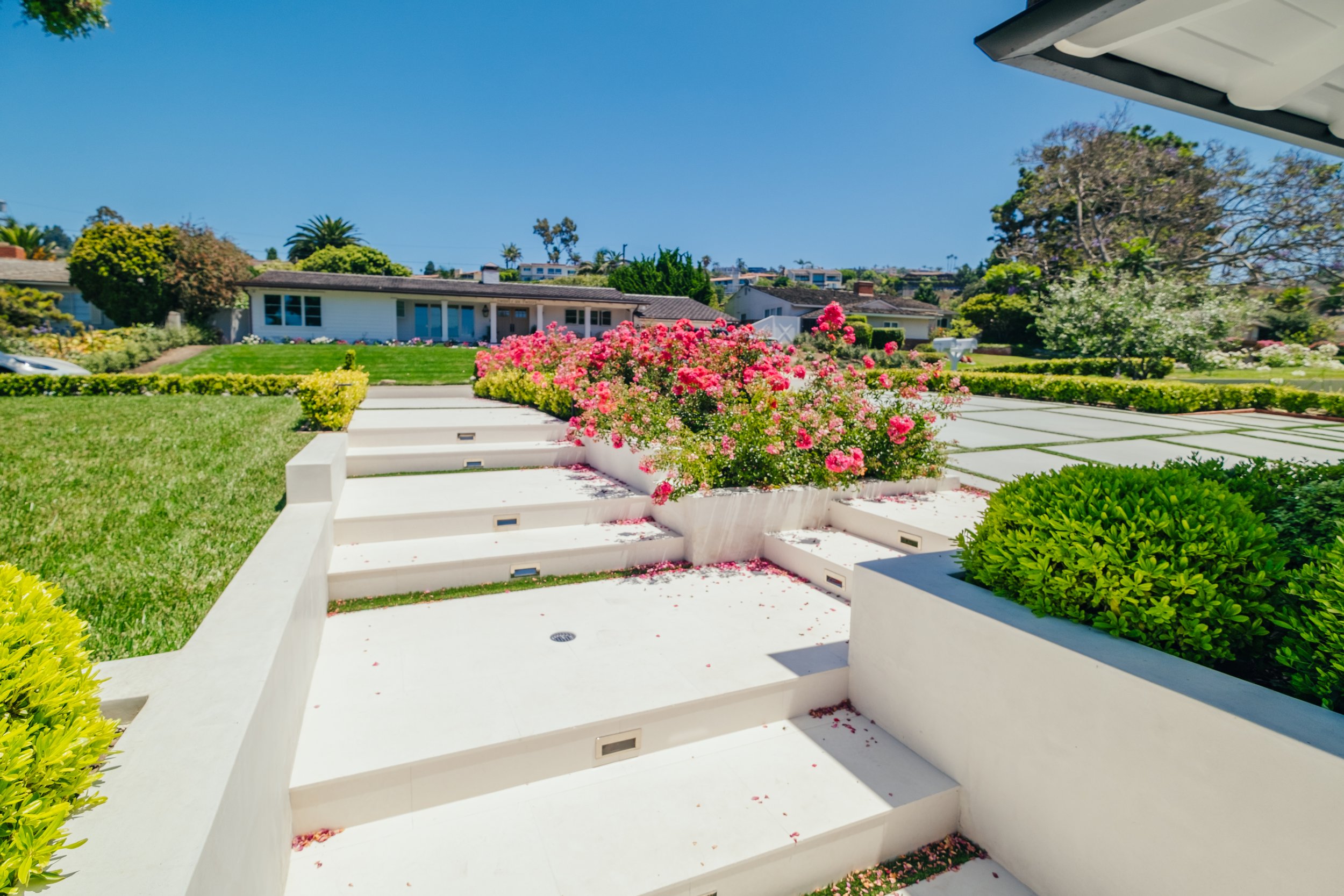 Modern entry steps with flowering landscape and built-in planters by Rosewood Landscape