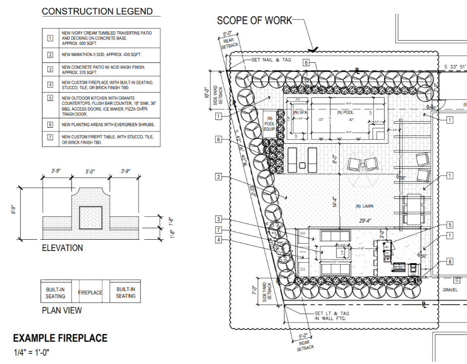 Construction plan for a residential pool and outdoor living landscape project
