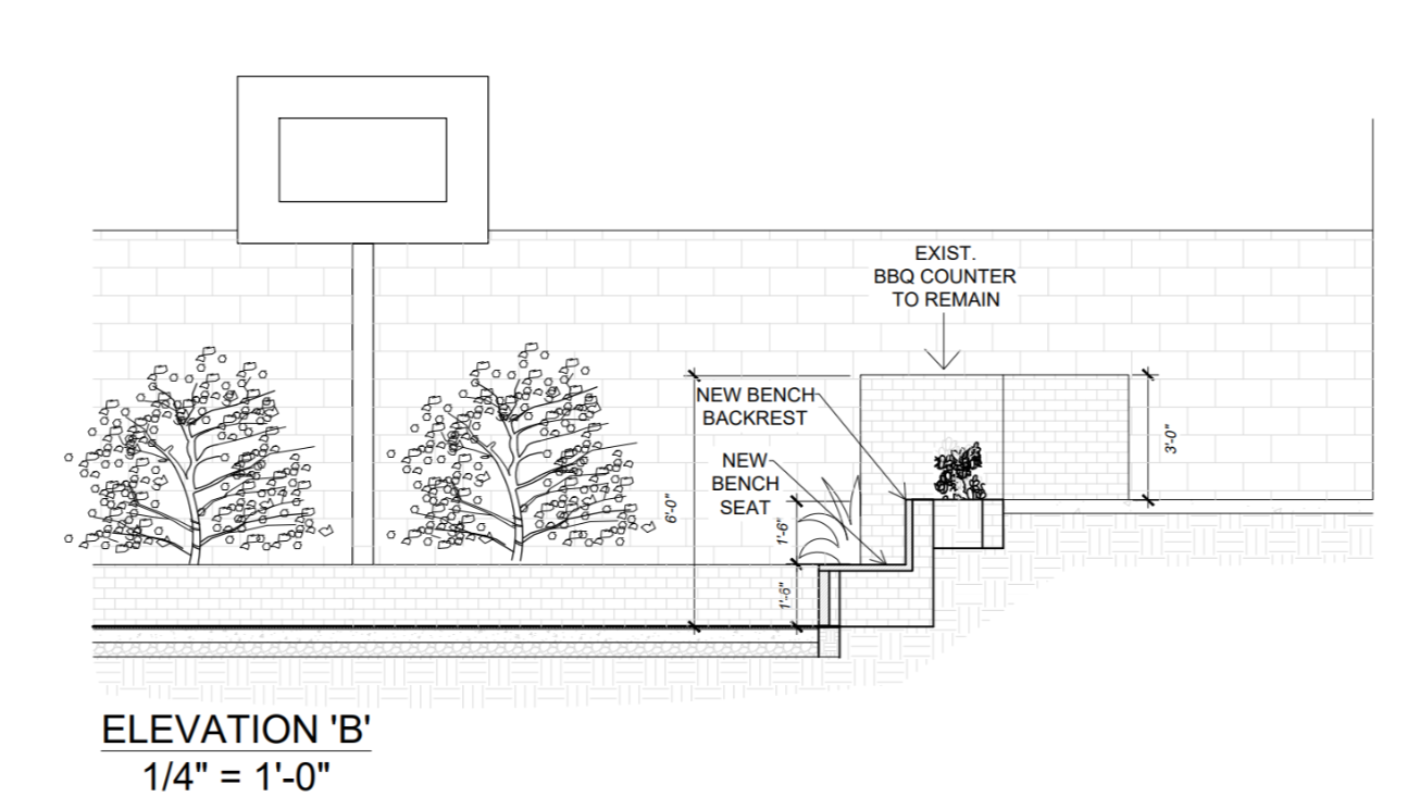 Outdoor seating elevation plan showing custom built-in seating and landscape features