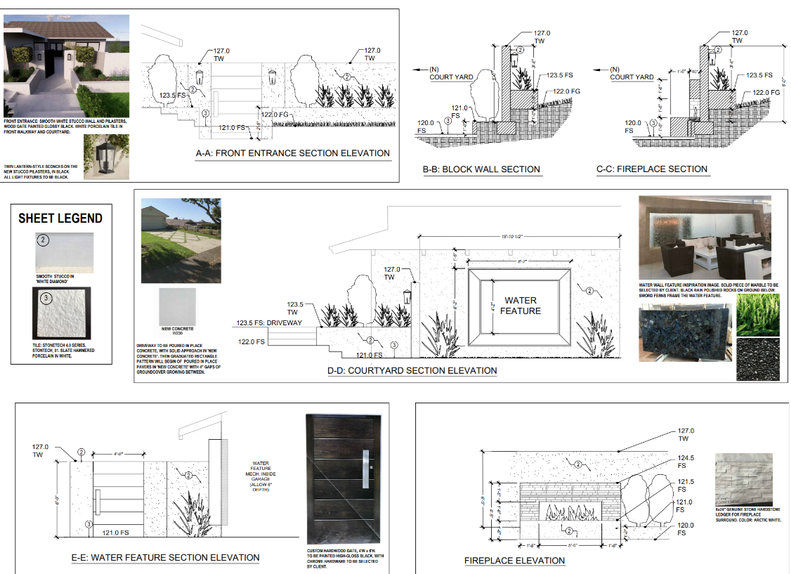 Landscape construction details and elevation drawings for custom outdoor features