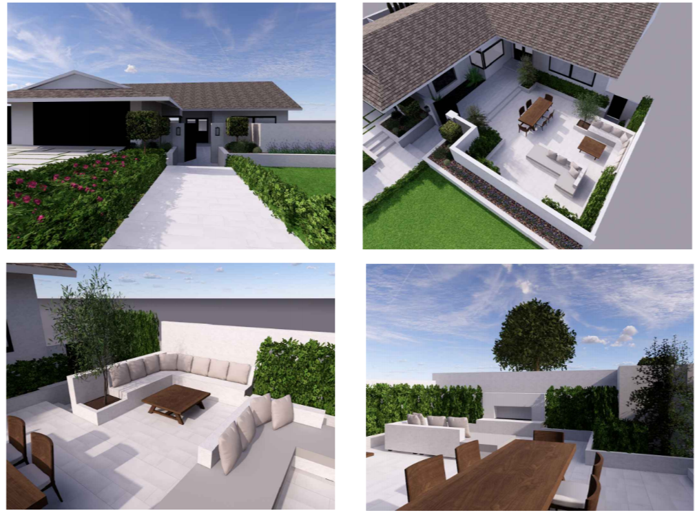 Outdoor living design renderings showing residential landscape and entertaining spaces