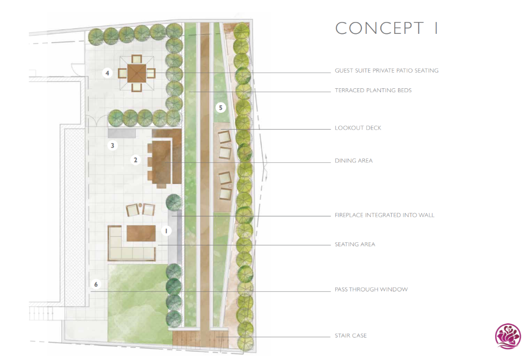 Outdoor living concept plan showing patio, seating, dining, planting areas, and landscape features