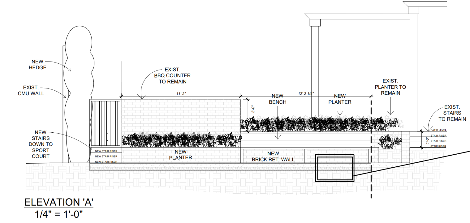 Landscape elevation drawing showing retaining wall, planter, stairs, and outdoor living features