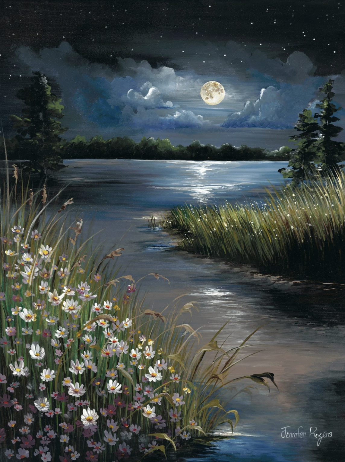 Daisy Field in the Moonlight - April Flower