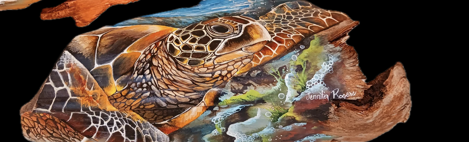Painting of a turtle with detailed scales on its head and shell, surrounded by abstract colorful backgrounds and the artist's signature Jennifer Rogers.
